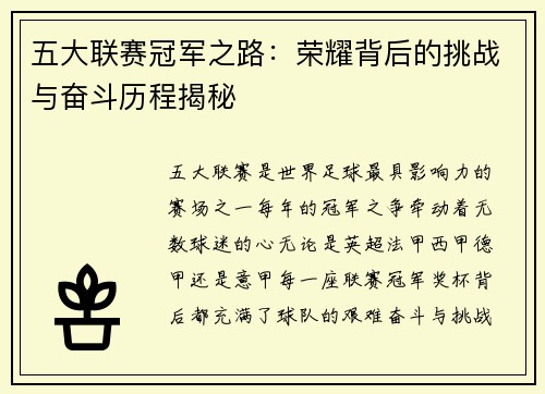 五大联赛冠军之路：荣耀背后的挑战与奋斗历程揭秘