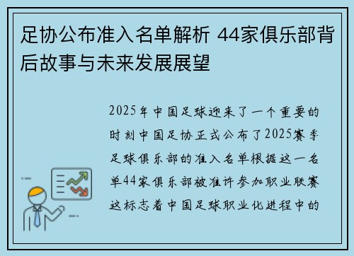 足协公布准入名单解析 44家俱乐部背后故事与未来发展展望