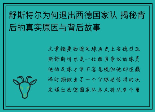 舒斯特尔为何退出西德国家队 揭秘背后的真实原因与背后故事