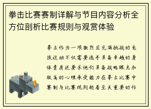 拳击比赛赛制详解与节目内容分析全方位剖析比赛规则与观赏体验