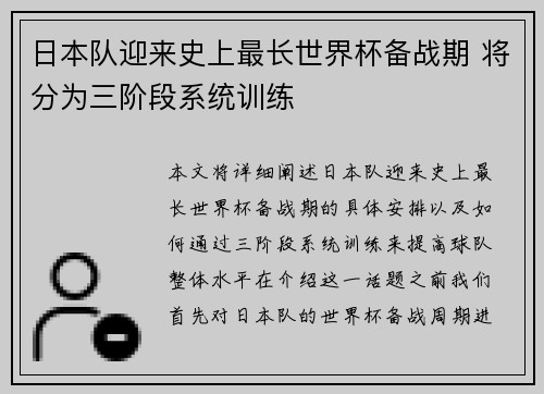 日本队迎来史上最长世界杯备战期 将分为三阶段系统训练 日本队迎来史上最长世界杯备战期 将分为三阶段系统训练